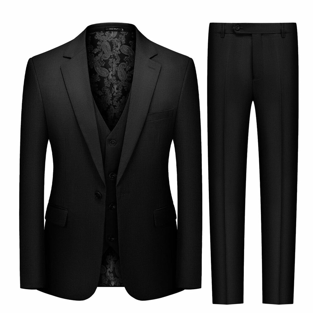 MAGE MALE Men's 3 Piece Suit Slim Fit Notch Lapel Blazer Vest Pants Black medium